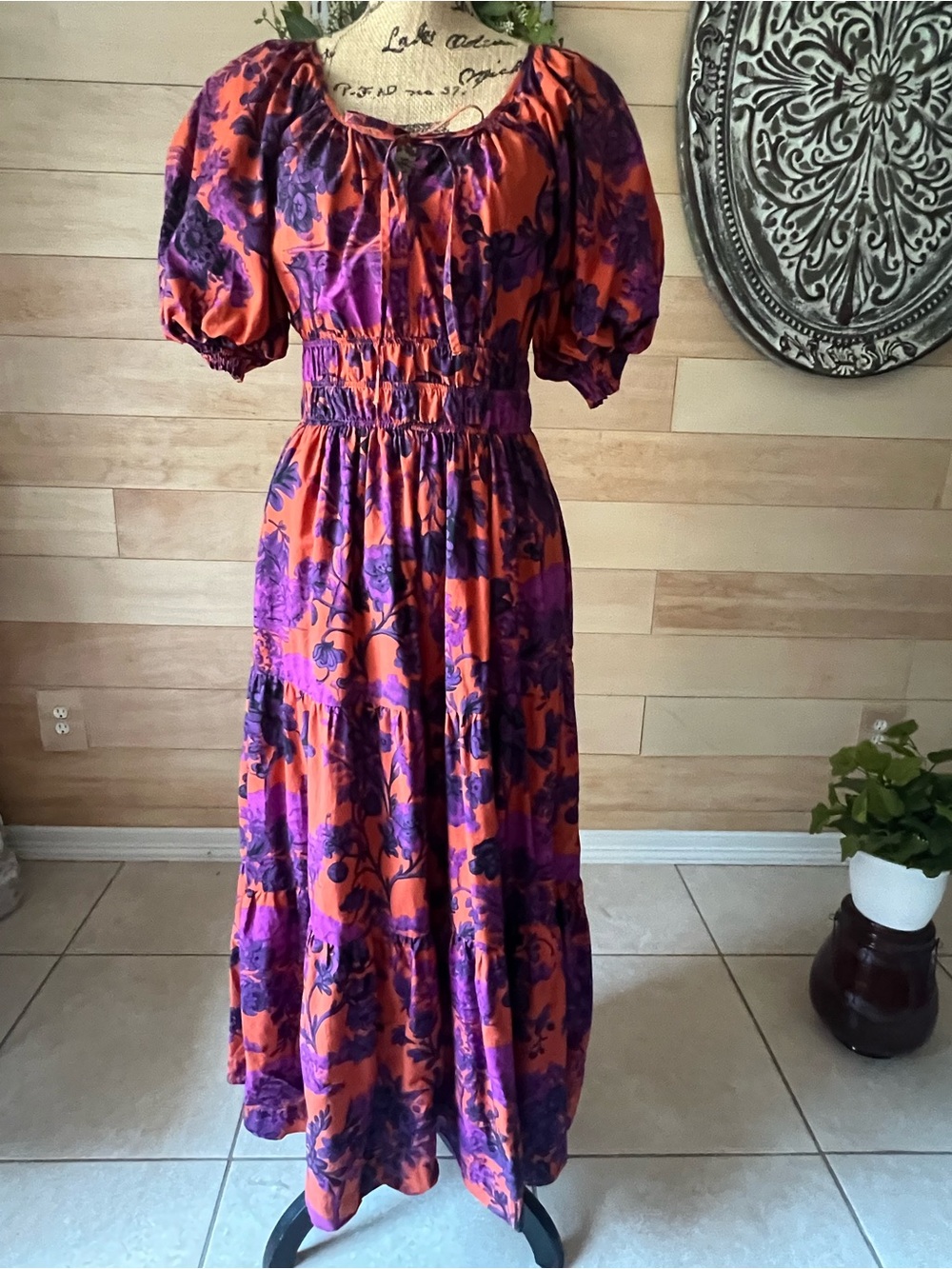 Anthropologie Boho Floral Puff-Sleeve Maxi Dress in Orange & Purple Size Small